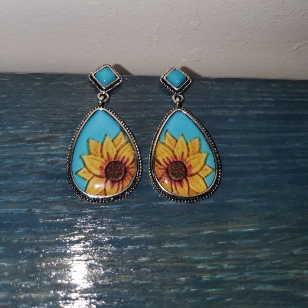 Blue Sunflower Earrings